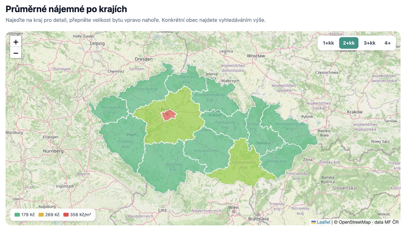 Interaktívna cenová mapa nájomného ČR po krajoch na RealFree