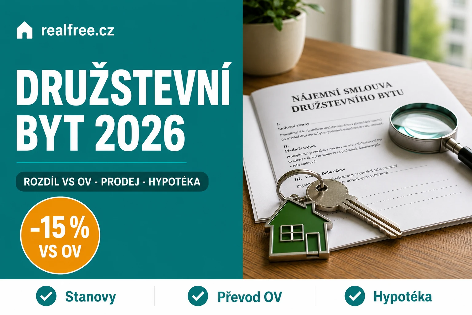 Družstevní byt 2026 — fotka renovovaného českého paneláku s žlutě-terakotovou fasádou v zástavbě, blogová pillar stránka RealFree.cz