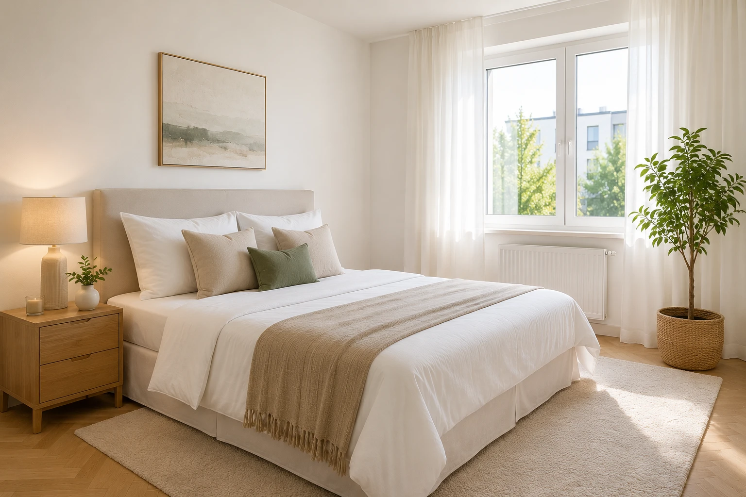 Spálňa pripravená na predaj — hotelovo zastlaná posteľ, home staging