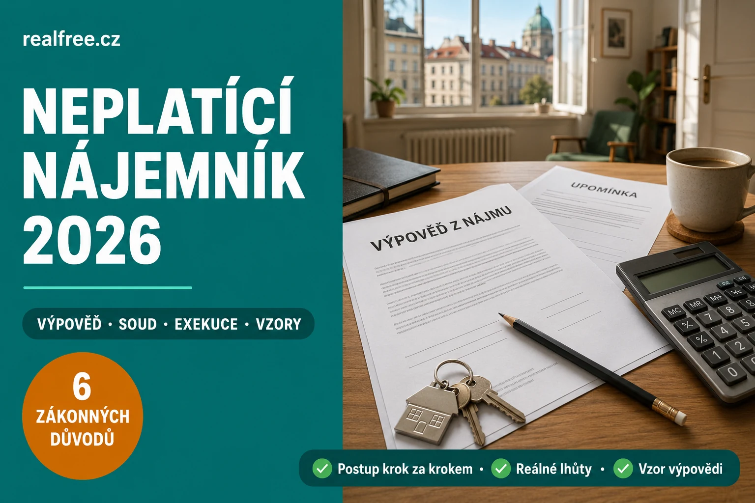 Neplatící nájemník 2026 — vzor výpovědi z nájmu, klíče od bytu, kalkulačka a nájemní smlouva na stole právníka, blogová pillar stránka RealFree.cz
