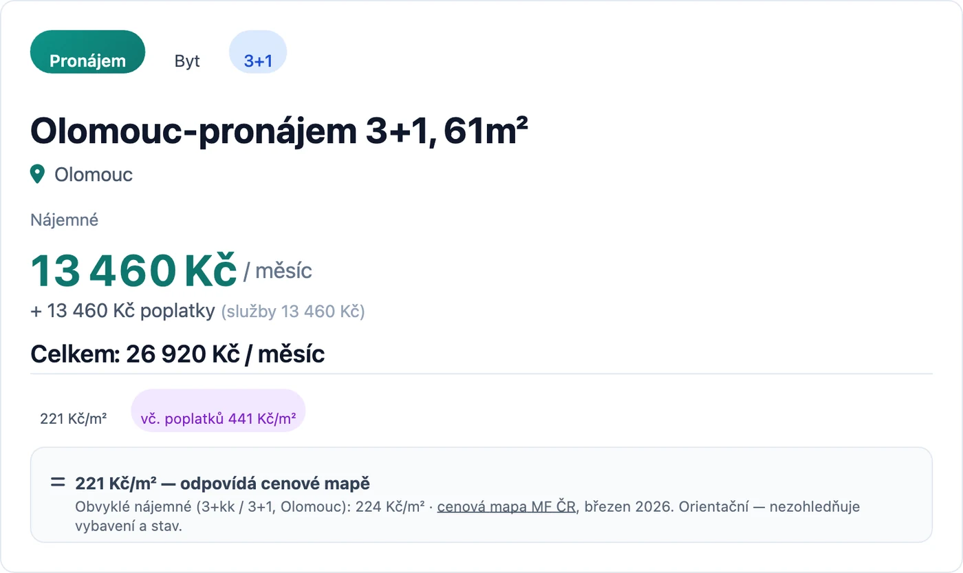 Porovnanie nájomného s cenovou mapou MF na detaile inzerátu RealFree