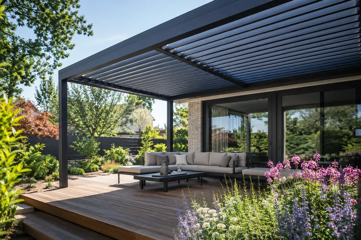 Pergola nad terasou pri rodinnom dome s tieňom a posedením