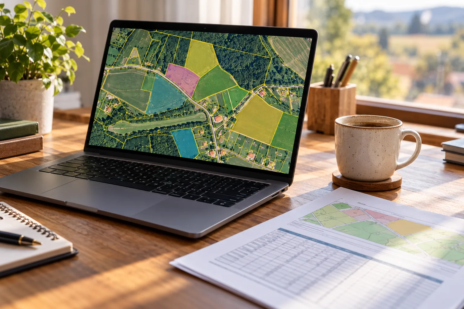 List vlastníctva z katastra nehnuteľností na notebooku s katastrálnou mapou ESKN