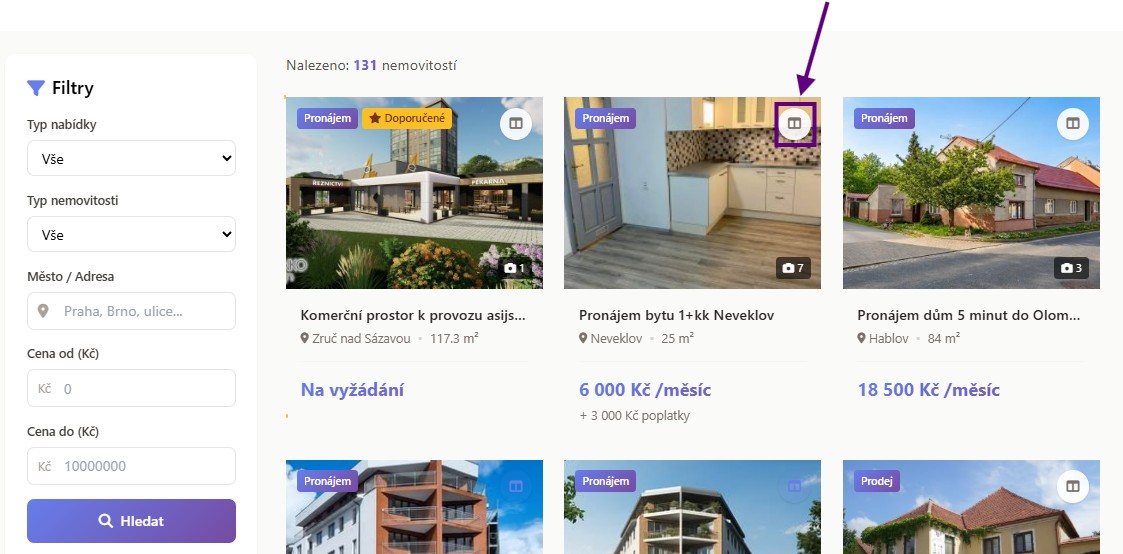 Tlačidlo pre pridanie nehnuteľnosti do porovnania v rohu každého inzerátu