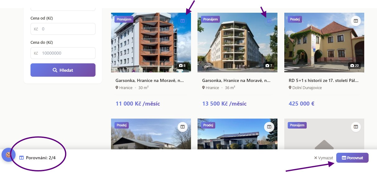 Zvýraznené vybrané nehnuteľnosti a plávajúca lišta porovnania