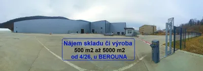 Nájem skladu či výroba, 500 m2 až 5000 m2 od 4/26, u BEROUNA (D5)